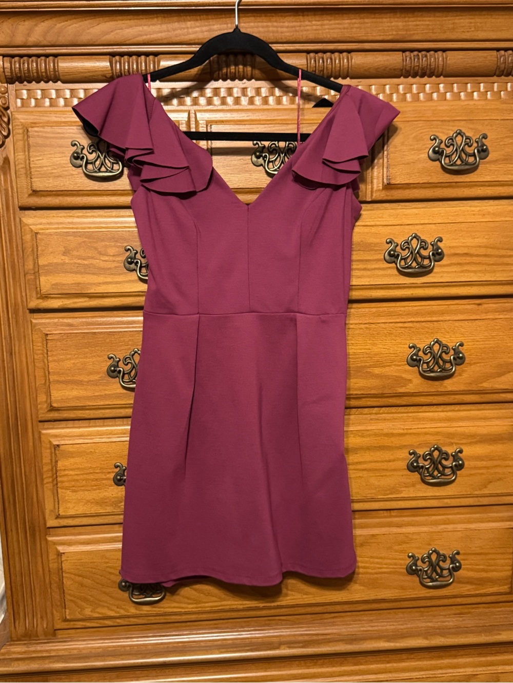 Express Plum Ruffle-Shoulder V-Neck Mini Dress
